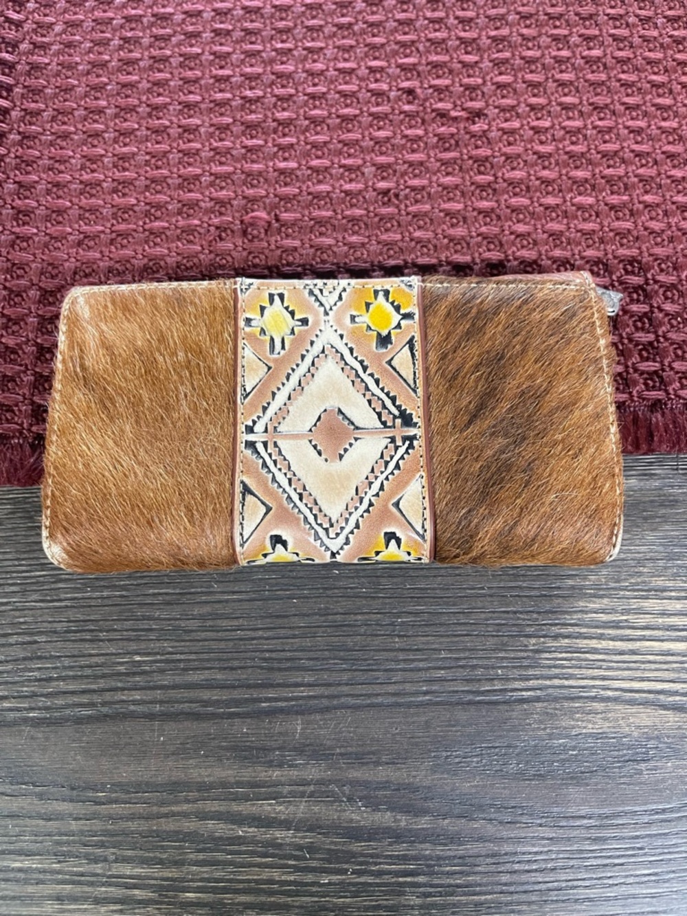 Brown Haircalf Leather Wallet with Southwestern Accent